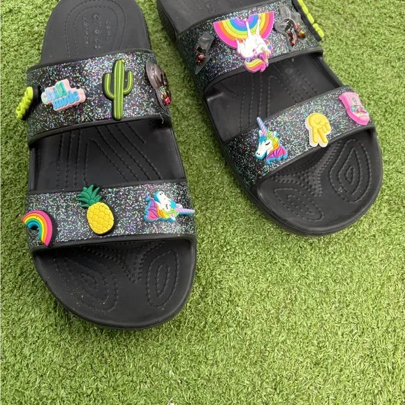 CROCS Black Glitter Sandals with Colorful Charms - Picture 2 of 8